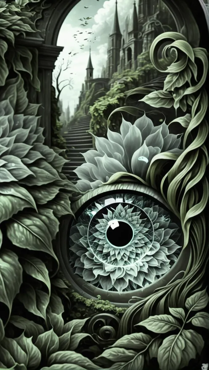 A surreal AI generated image using stable diffusion depicting a giant eye, designed with intricate petal-like patterns, surrounded by large, twisted leaves and an archway, with an ominous castle enveloped in overgrown foliage in the background.