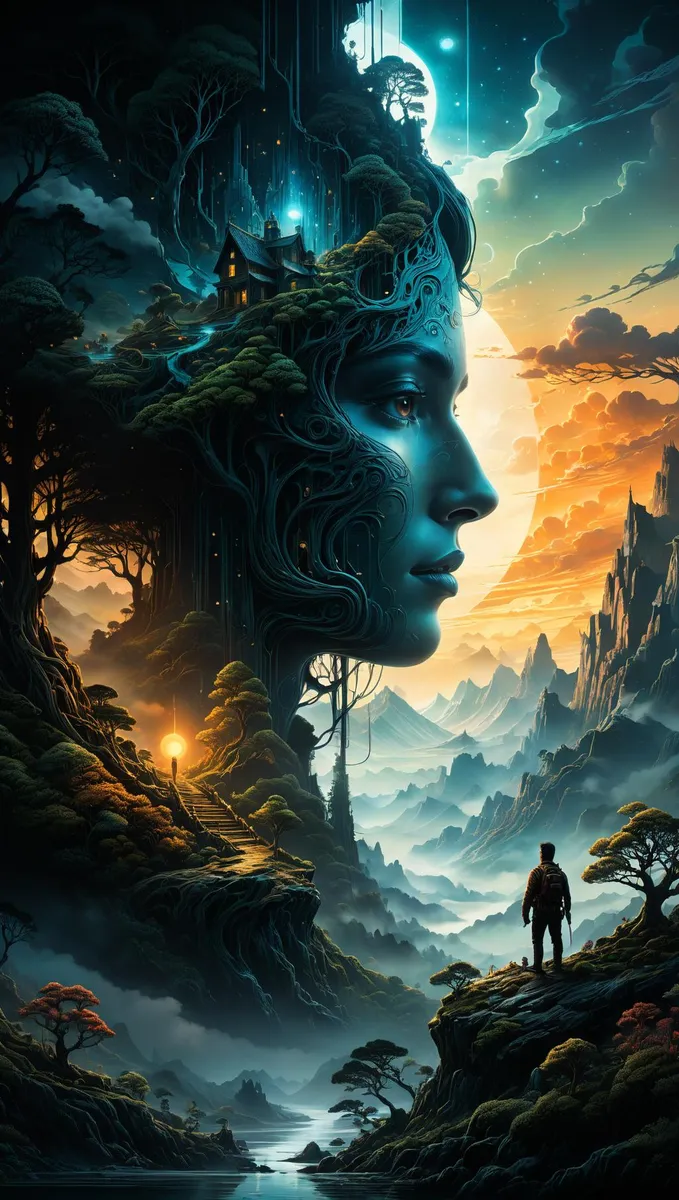 A surreal fantasy landscape featuring a giant female face integrated into a mountain with trees, a house, and a figure in the foreground. AI generated image using Stable Diffusion.