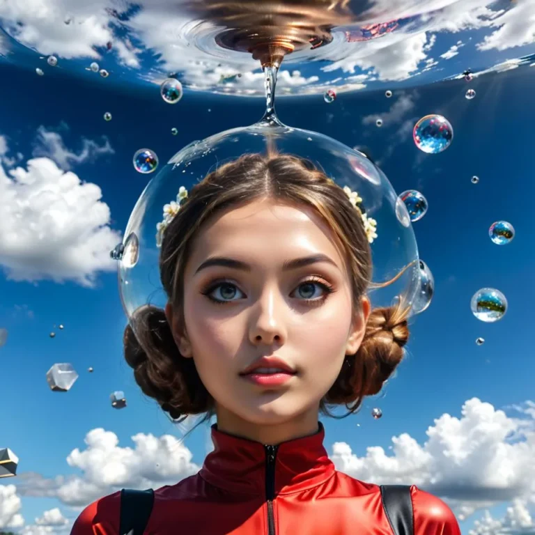 A surreal AI generated image using stable diffusion of a girl in an astronaut suit with floating bubbles against a blue sky with clouds.