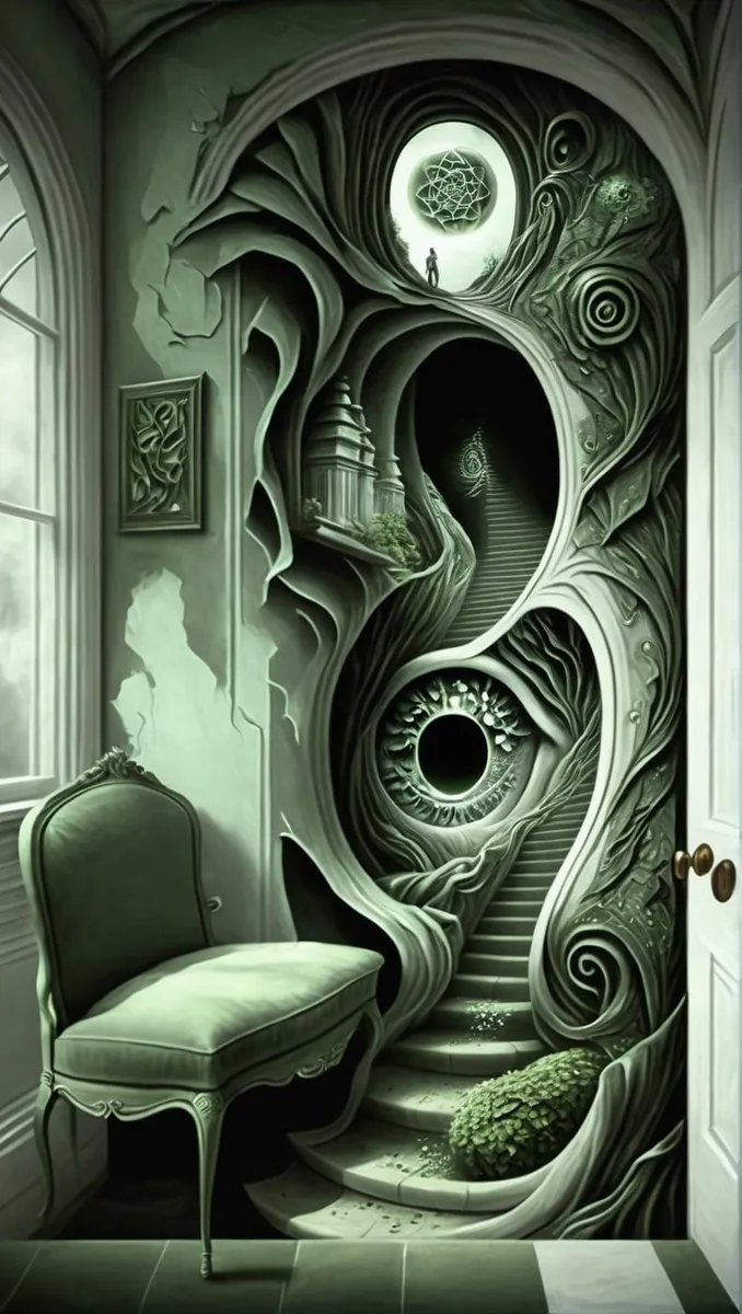 Surreal hallway with an abstract, dreamlike staircase and eye-like structure, AI generated image using stable diffusion.