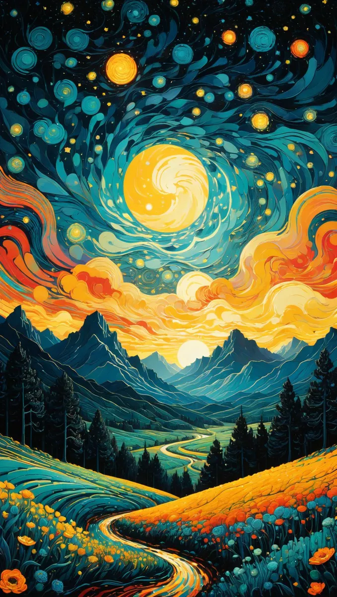 A vivid AI generated image using Stable Diffusion depicting a surreal landscape under a starry night sky, featuring swirling patterns and colorful rolling hills.