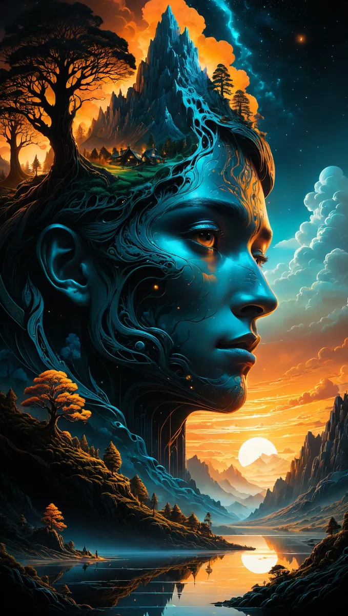 Surreal landscape blending with an ethereal portrait of a woman's face, created using Stable Diffusion AI.