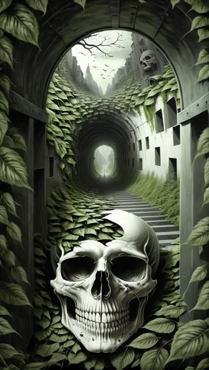 A surreal image featuring a tunnel with a massive skull embedded in its walls, covered in green leaves.