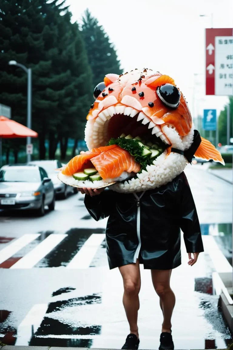 A humorous image of a person dressed in a sushi costume standing on a wet street, generated by AI using Stable Diffusion.