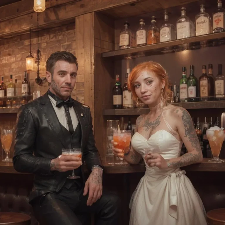 A tattooed couple dressed in wedding attire standing at a bar holding drinks. AI generated image using Stable Diffusion.