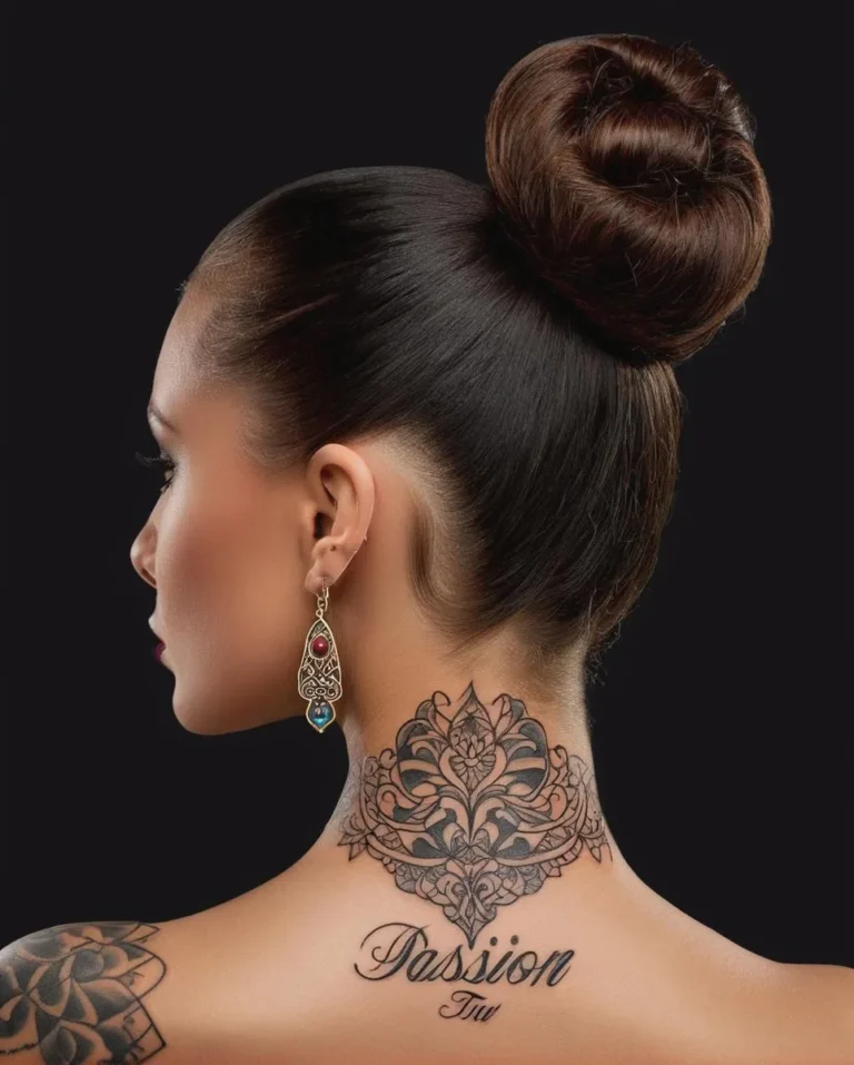 A profile view of a woman with an intricate tattoo on her neck and shoulder, and an elegant bun hairstyle, AI generated image using stable diffusion.