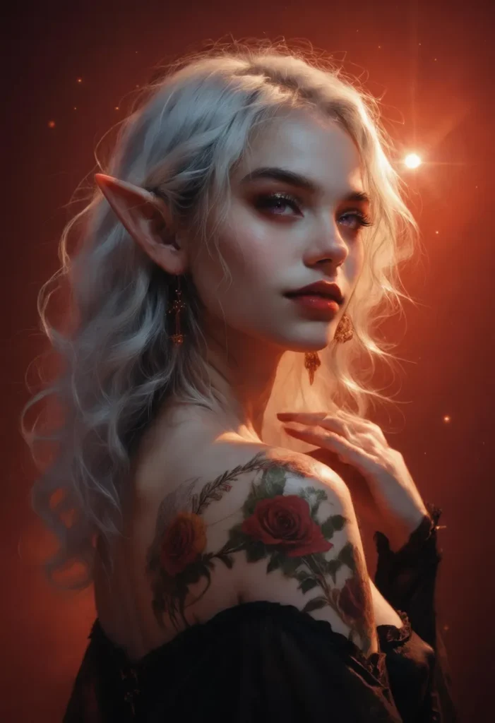 A fantasy elf woman with pale skin, long white hair, and detailed rose tattoos on her shoulder. She wears an elegant black dress with intricate earrings, all highlighted by a warm orange glow. This is an ai generated image using stable diffusion.