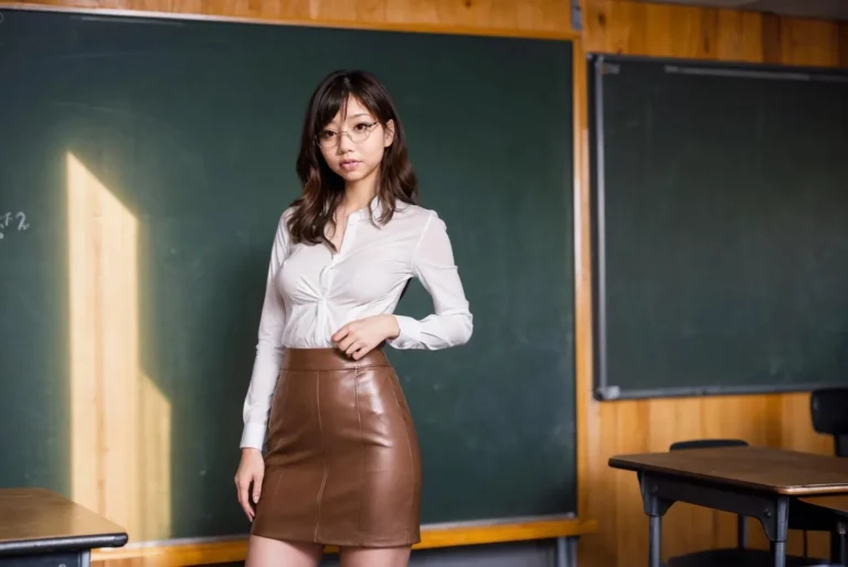 AI generated image of a woman in professional attire posing confidently in a classroom setting with blackboards in the background. Created using stable diffusion.