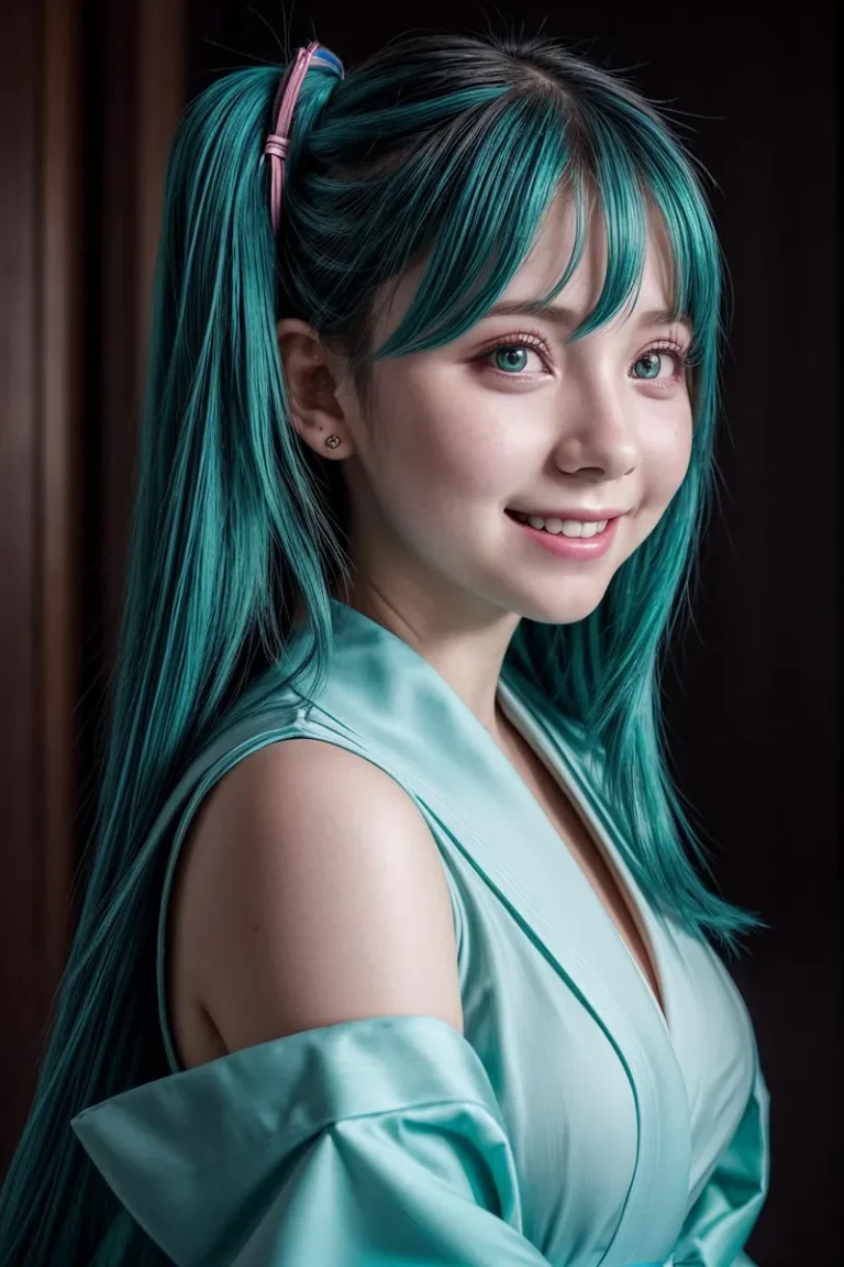 A close-up portrait of a young woman with teal hair styled in twin tails, dressed in a matching teal outfit. This is an AI generated image using Stable Diffusion.