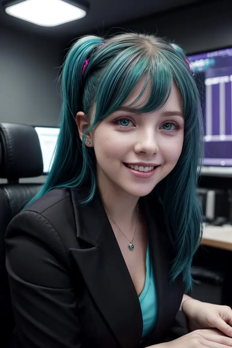 A young woman with green hair in pigtails, dressed in a professional black blazer, seated in a modern office setting with computer monitors in the background. AI generated image using Stable Diffusion.