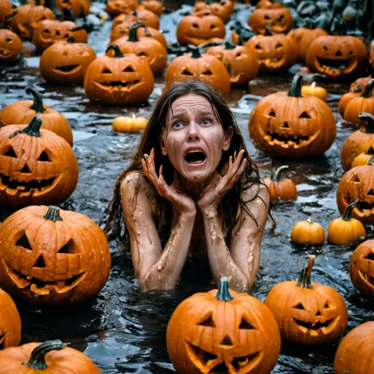A terrified woman with muddy wet hair, crying out in fear, surrounded by numerous carved jack-o'-lantern pumpkins in shallow water. AI generated image using stable diffusion.