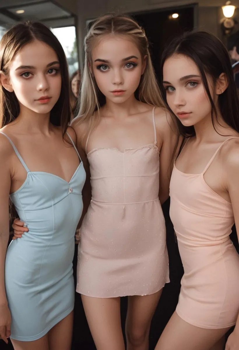 Three girls in fashionable party dresses created by AI using Stable Diffusion.