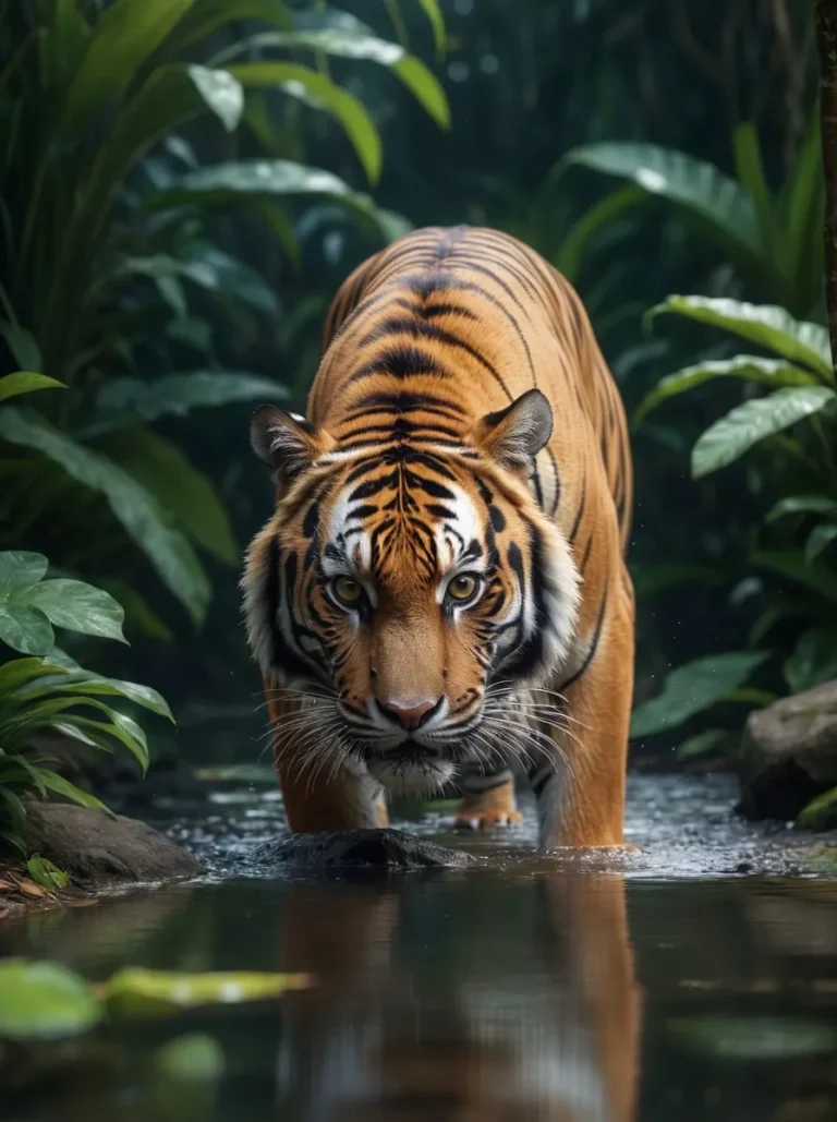 A majestic tiger prowling near a water body in a dense rainforest, created using Stable Diffusion AI.