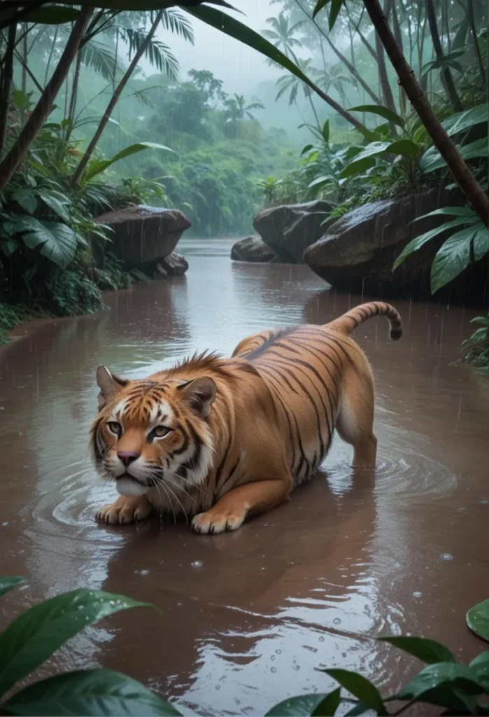 A majestic tiger crouching in a stream surrounded by lush green rainforest vegetation. AI generated image using Stable Diffusion.