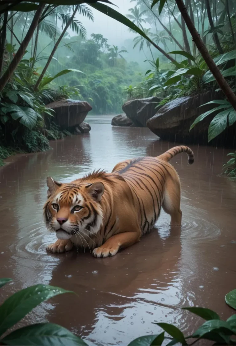 A majestic tiger crouching in a stream surrounded by lush green rainforest vegetation. AI generated image using Stable Diffusion.