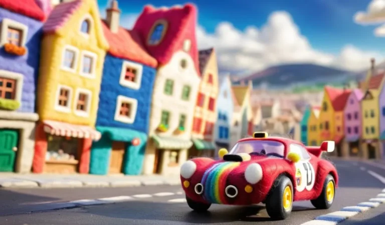 Colorful toy car on a road with vibrant felt-made village houses in the background, generated using Stable Diffusion AI.
