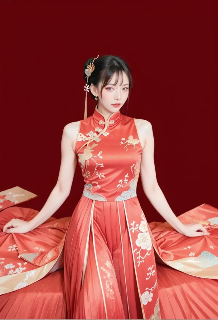 A woman wearing a traditional Asian dress in red, AI generated using Stable Diffusion.