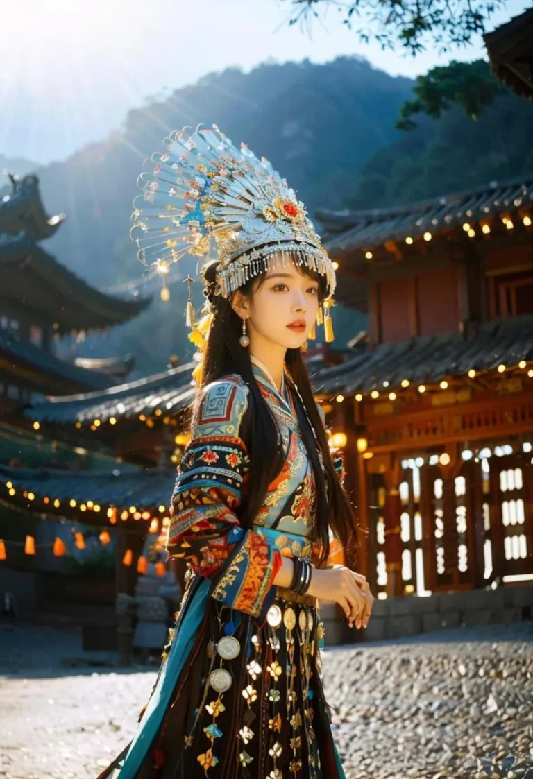 A beautiful woman in a vibrant and ornate traditional headdress and outfit, with an ancient Asian architectural background and sunlight filtering from above. AI generated image using Stable Diffusion.