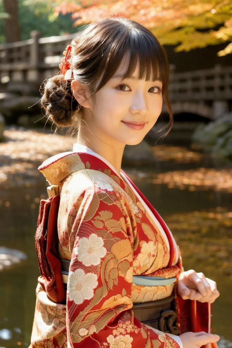 A woman in a traditional red and gold floral kimono standing in a serene Japanese garden with a bridge in the background. AI generated image using Stable Diffusion.