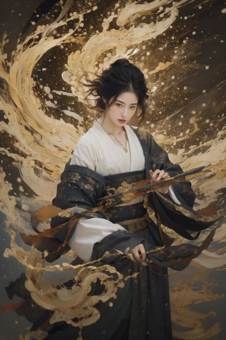 A graceful woman dressed in traditional Asian attire, enveloped by swirling gold and black artistic strokes, an AI generated image using stable diffusion.