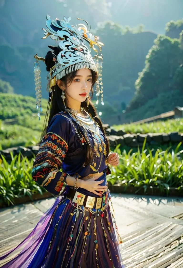 AI generated image of a young woman in an elaborate traditional Asian costume, standing in a scenic landscape with lush greenery. Created using Stable Diffusion.