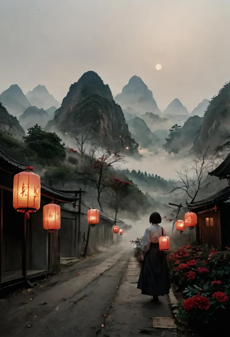 AI generated image using Stable Diffusion of a traditional Asian village scene with misty mountains in the background. Red lanterns illuminate the street as a lone figure walks along a weathered path.