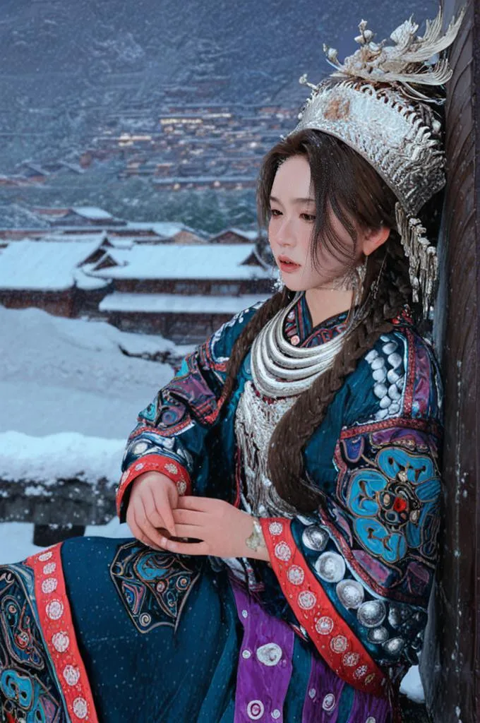 A woman dressed in elaborate traditional attire with a silver headdress, seated by a wooden structure, with a snowy village scene in the background. This is an AI generated image using stable diffusion.