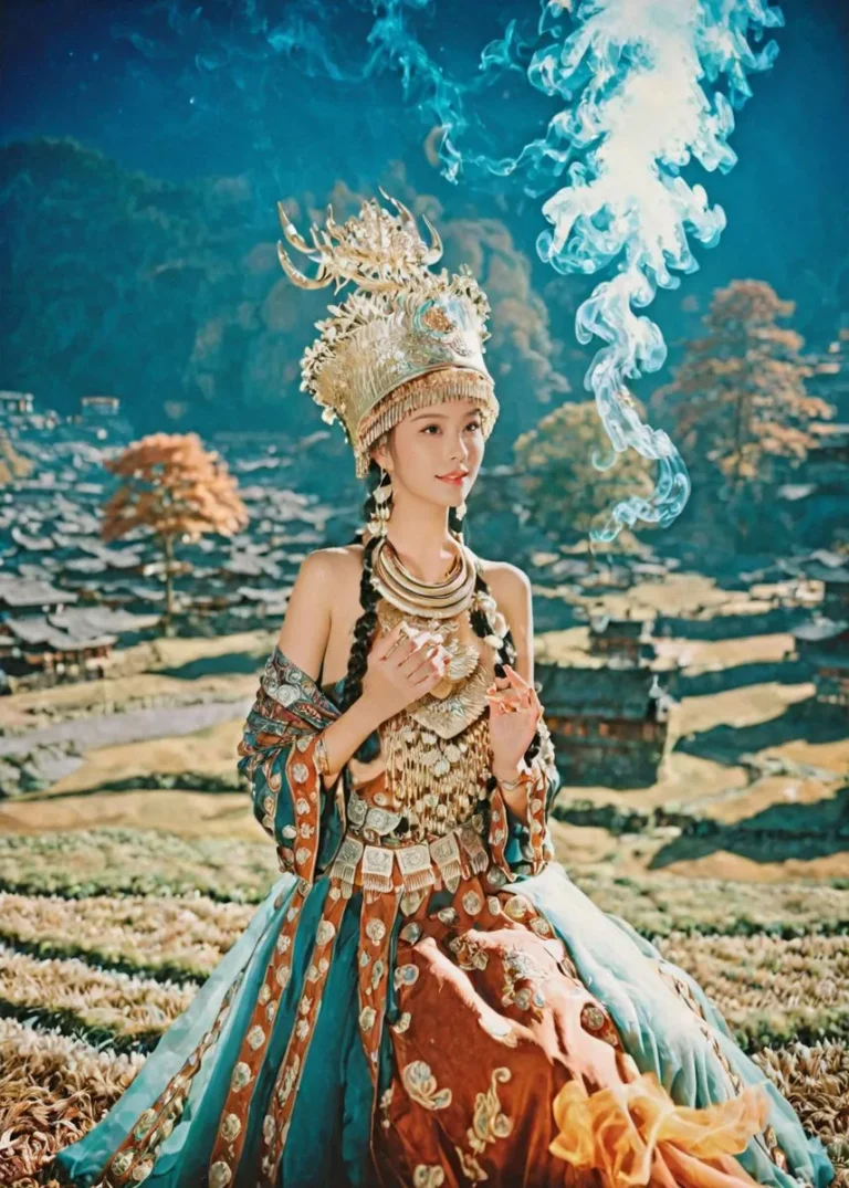 AI generated image using Stable Diffusion depicting a woman in intricate traditional attire with an ornate headdress, set against a picturesque landscape with smoke swirling in the sky.