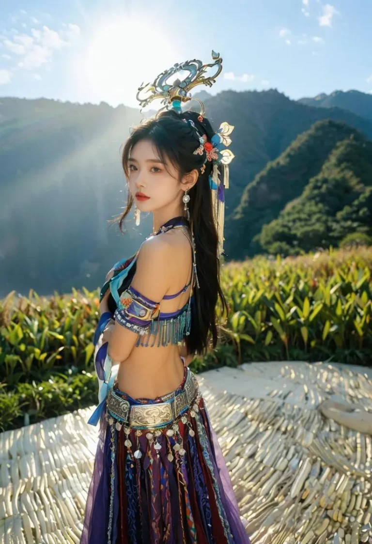 AI generated image using Stable Diffusion of a woman in a traditional Chinese costume standing in a forest. Fantasy elements in the costume and accessories.