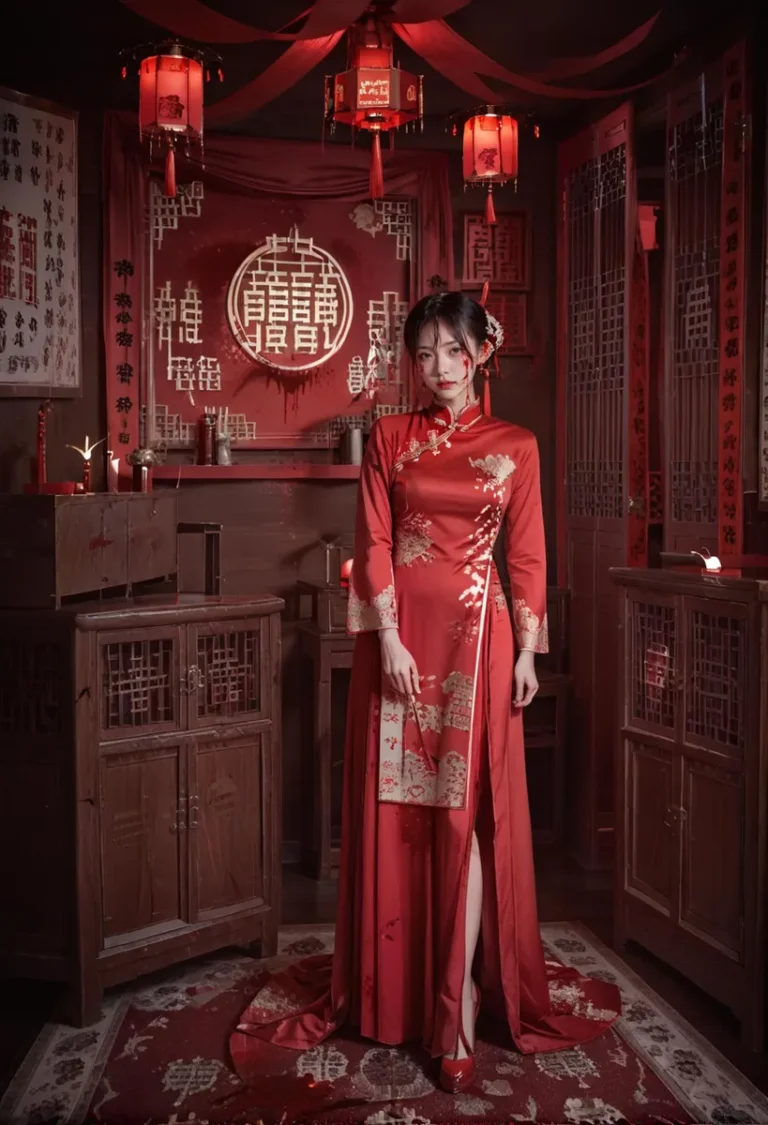 A woman dressed in a traditional red Chinese bridal dress standing in an ancient Chinese room. AI generated image using Stable Diffusion.