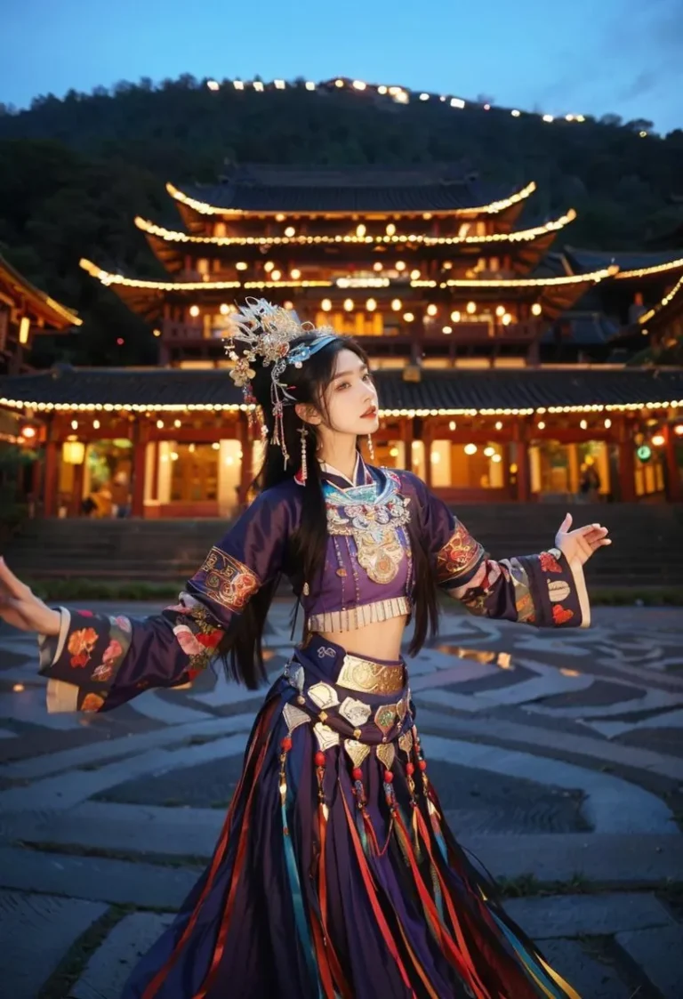 An Asian woman dressed in a traditional colorful costume stands gracefully in front of an illuminated temple backdrop, created using AI with stable diffusion.