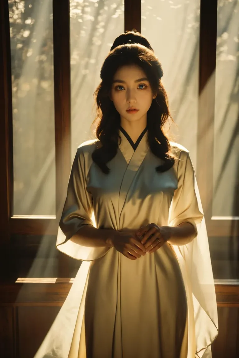 A woman in a traditional dress standing in front of a window with sunlight streaming through, creating a serene and peaceful atmosphere. AI generated image using stable diffusion.
