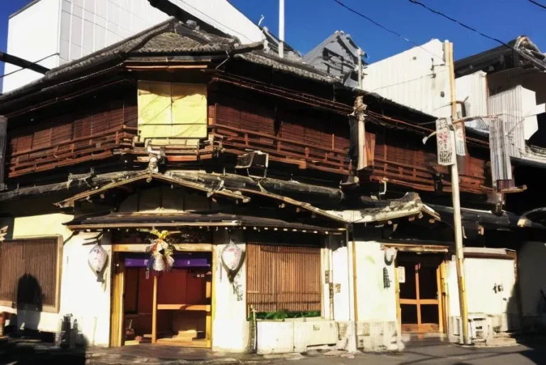 A traditional Japanese building with wooden lattice shutters and a slightly worn exterior, emphasizing Kyoto architecture, generated by AI using Stable Diffusion.