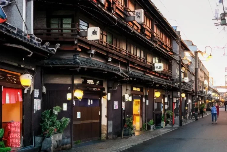 A traditional Japanese street in the evening showcasing old-style buildings with wooden facades and paper lanterns. AI generated image using Stable Diffusion.