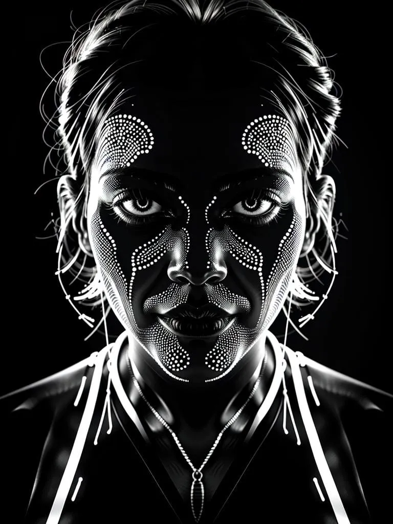 A monochrome portrait with intricate tribal face paint patterns, AI generated via Stable Diffusion.