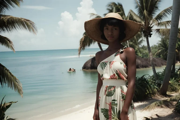 AI generated image using stable diffusion depicting a young woman in a straw hat and floral dress standing on a tropical beach with palm trees and calm blue ocean.