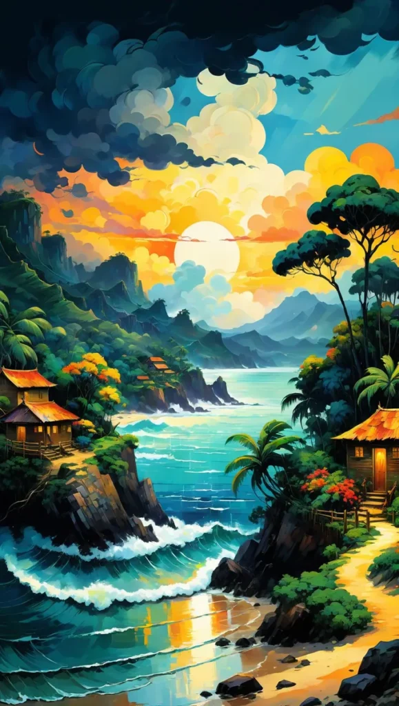 A picturesque tropical sunset with a beach house amidst lush greenery and waves, an ai generated image produced using stable diffusion.