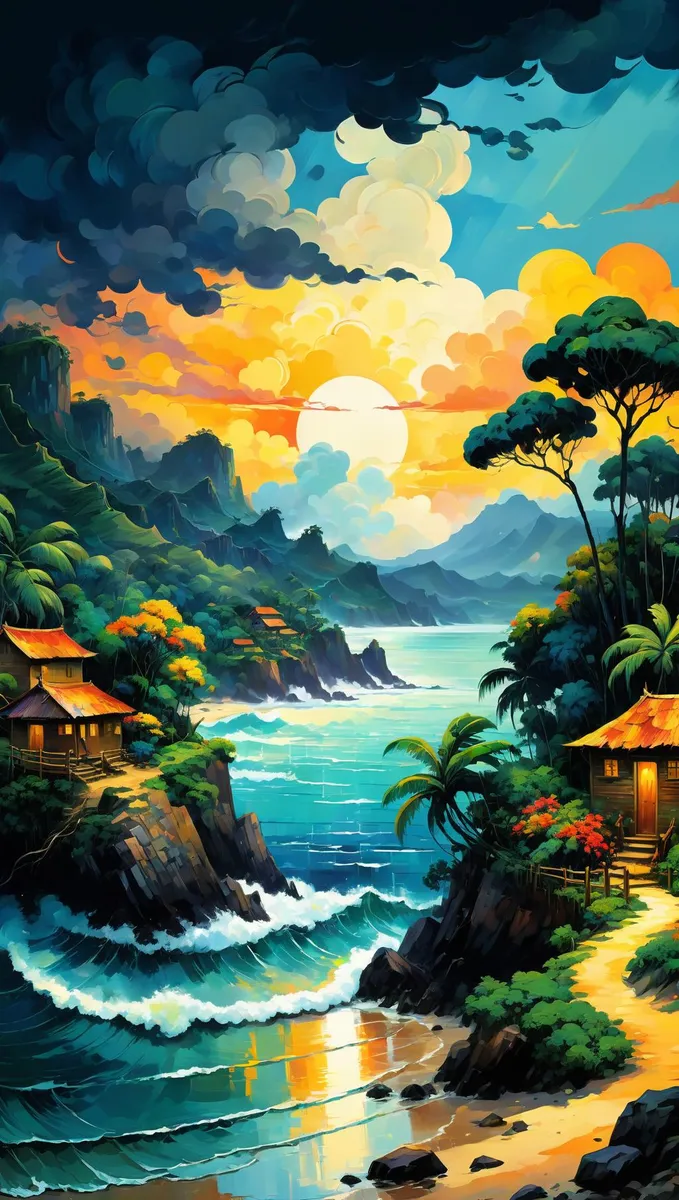 A picturesque tropical sunset with a beach house amidst lush greenery and waves, an AI generated image produced using Stable Diffusion.