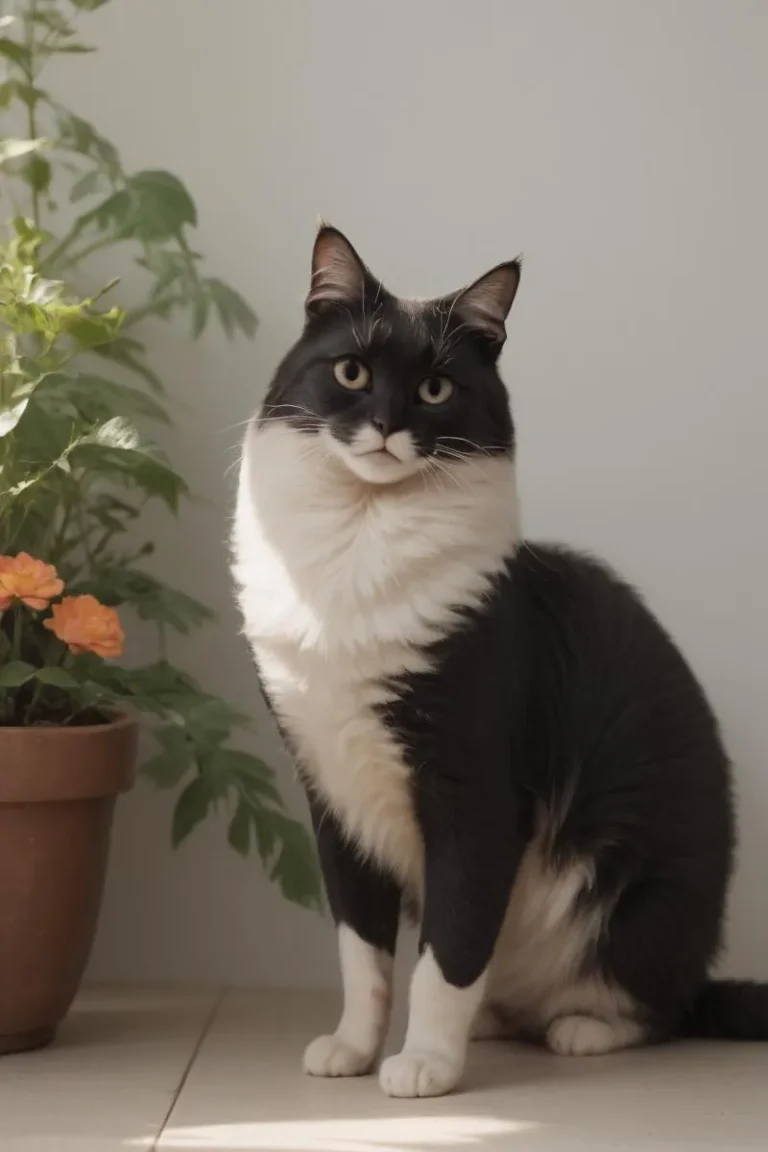 A black and white tuxedo cat sitting next to a potted plant with orange flowers. This is an AI generated image using stable diffusion.