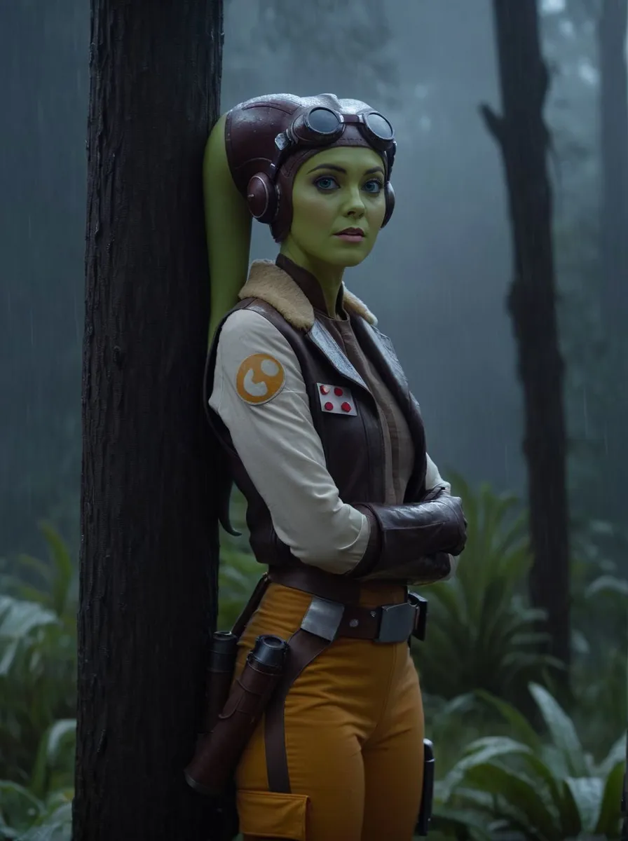 AI generated image of a Twilek warrior with green skin and goggles, leaning against a tree in a misty forest. Created using Stable Diffusion.