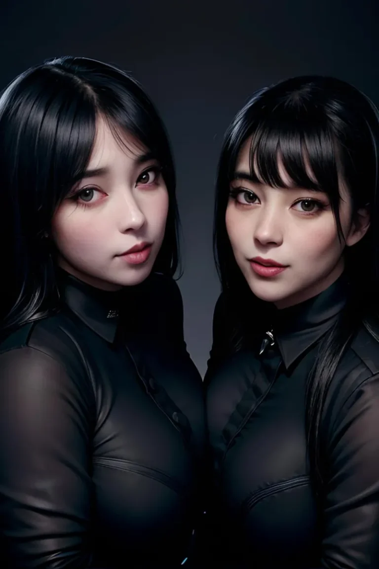 Two women with long dark hair wearing black outfits, created with Stable Diffusion AI.