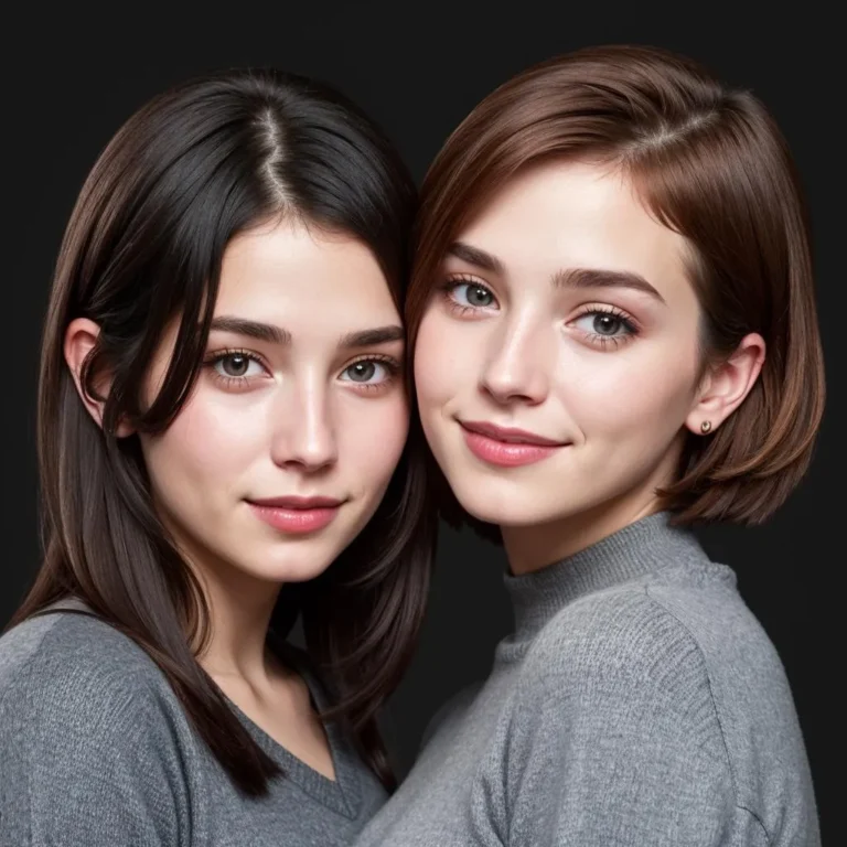 A detailed portrait of two young women, one with dark hair and the other with light brown hair, dressed in grey sweaters. The image is AI generated using Stable Diffusion.