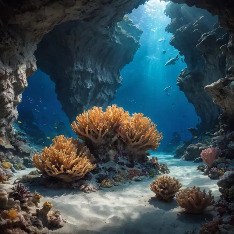A stunning underwater scene featuring a vibrant coral reef located within a spacious underwater cave. AI generated using Stable Diffusion.