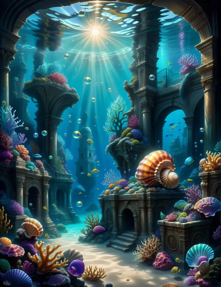 AI generated image using stable diffusion: A majestic underwater city with ancient ruins and vibrant coral reef.