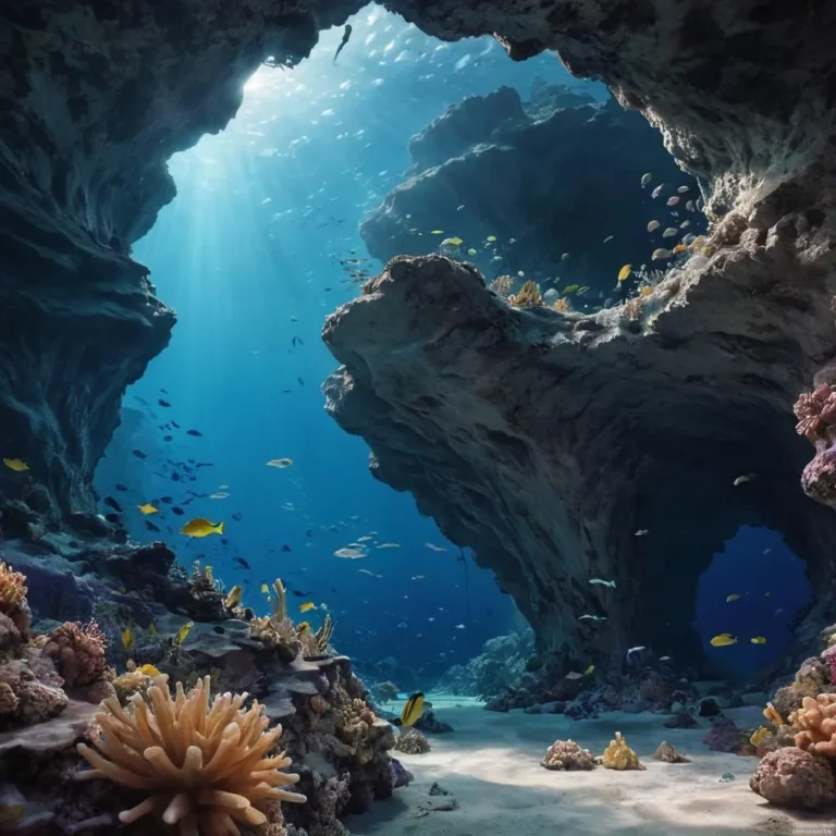 An AI generated image using Stable Diffusion depicting an underwater scene with a sunlit cave and vibrant coral reef.