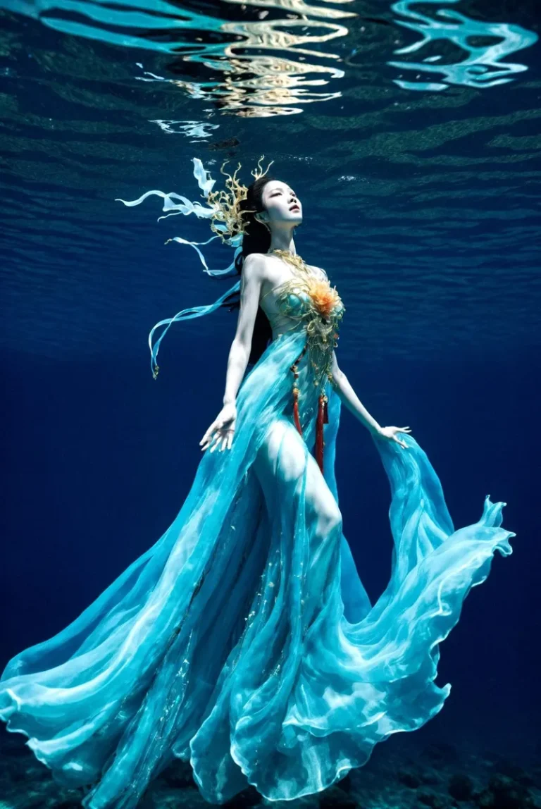 An AI generated image using stable diffusion. A majestic goddess-like figure in a serene underwater environment, adorned in an ethereal blue flowing dress. The vivid color of the dress and surrounding water emit a tranquil, otherworldly aura.
