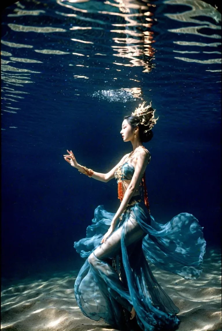 An AI generated image using Stable Diffusion shows an ethereal princess underwater, her flowing blue dress contrasting with the deep sea.