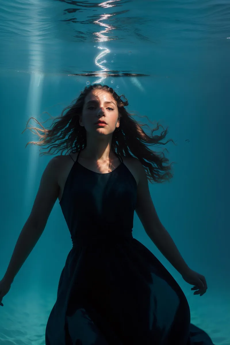 Underwater portrait of a woman in a flowing dress, created using Stable Diffusion.