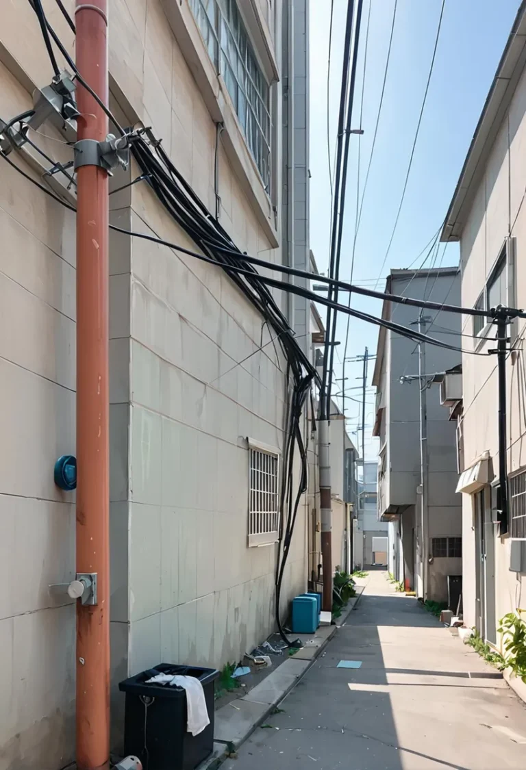 AI generated image of an urban alley with utility wires, using stable diffusion. The scene includes buildings, wires, and a clear sky.
