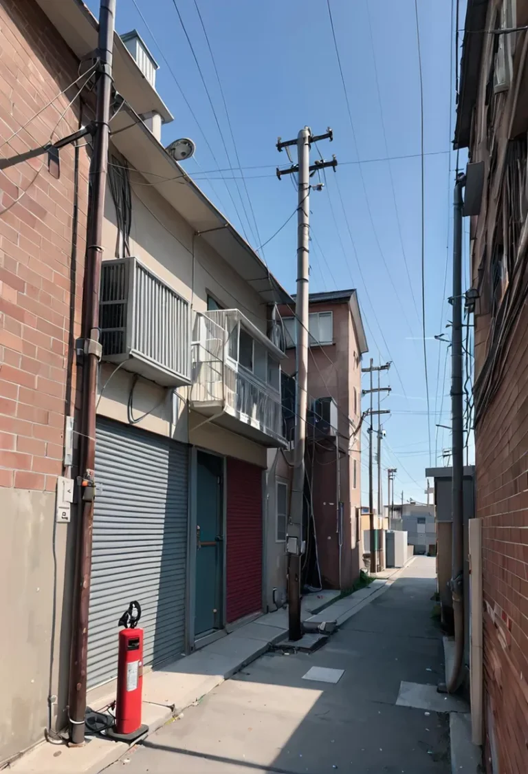 Urban alley with utility poles, power lines, and brick buildings. AI-generated image using Stable Diffusion.